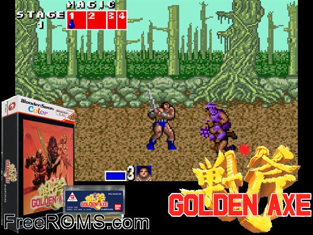 Golden Axe (J) [!] Wonderswan game showing 3D box cover and gameplay screenshot